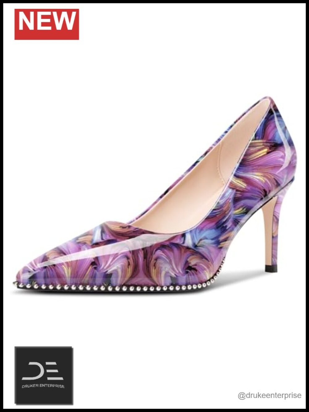 Women's Beaded Pointed Toe Stiletto Mid Heel Dress Pumps Faux Leather Slip On